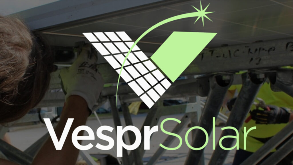 The VesprSolar logo, a solar panel in a V shape, on a dark background.