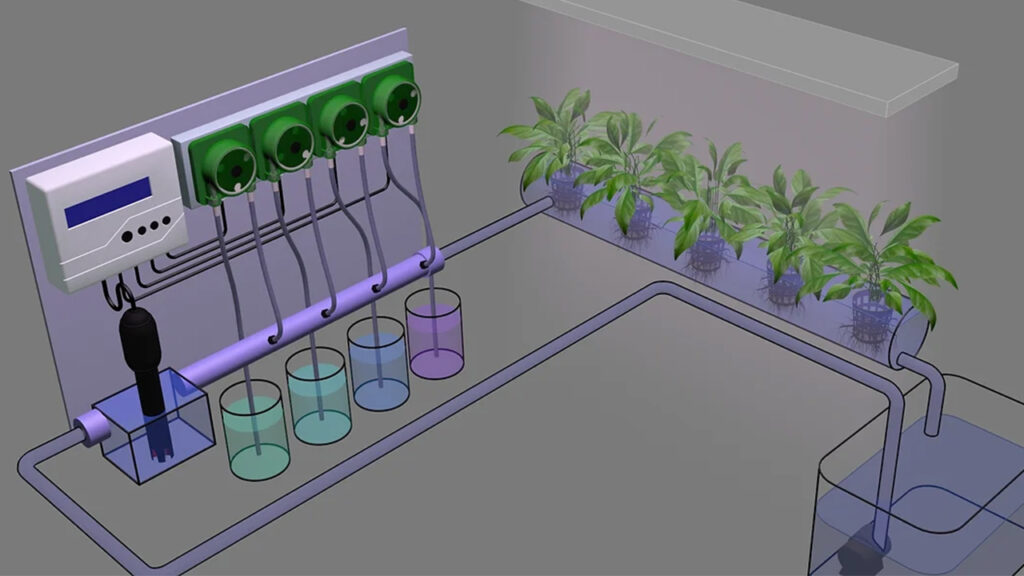 A 3D render of a nutrient-sensing hydroponic system.
