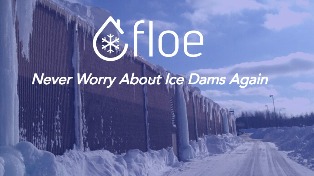 The Floe logo and slogan on a background of an icy building.