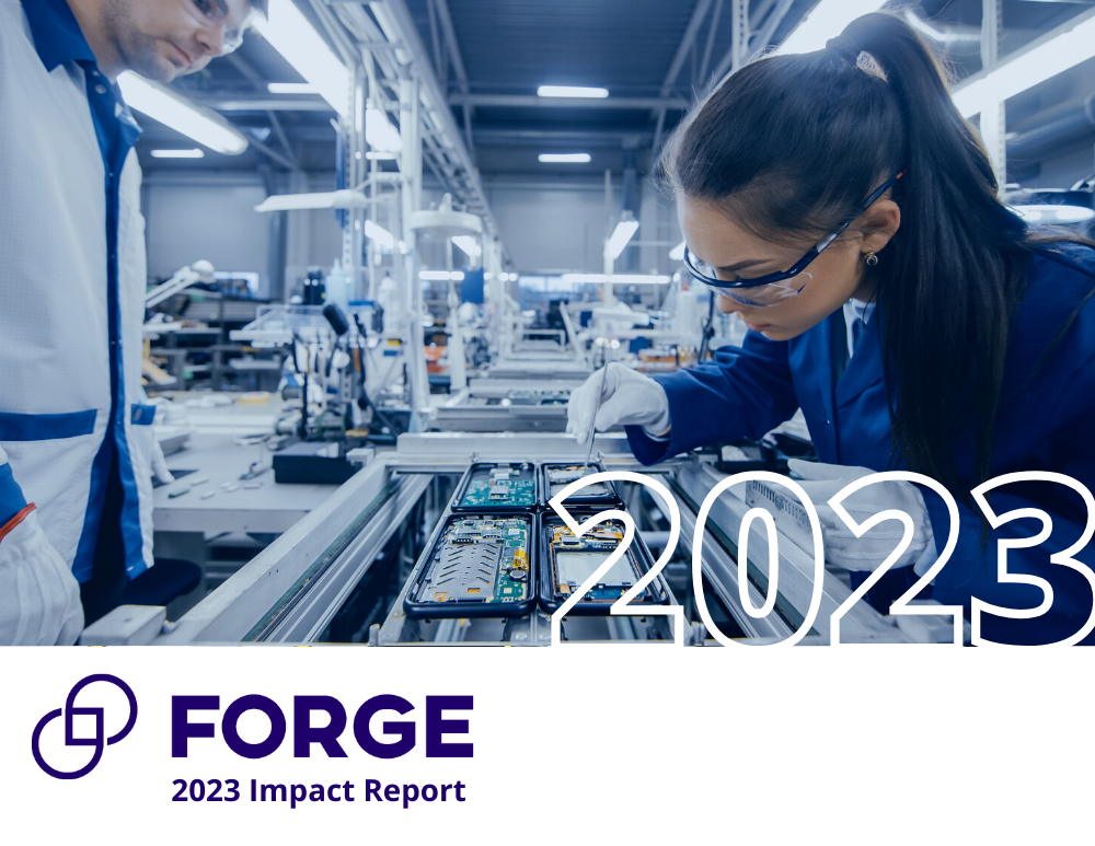 FORGE 2023 impact report cover with electronics factory workers