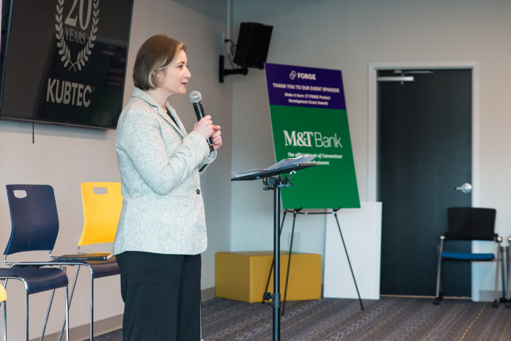FORGE President and Executive Director Laura Teicher speaking at the KUBTEC facility tour