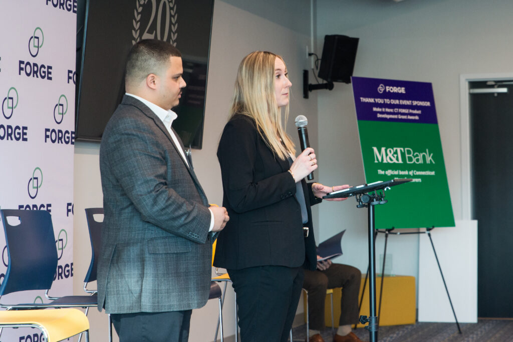 M&T Bank Vice President and Business Banking Relationship Manager Laura Krauss and Business Banking Relationship Manager Addoneys Cruz speaking at the KUBTEC facility tour about manufacturing and innovation funding