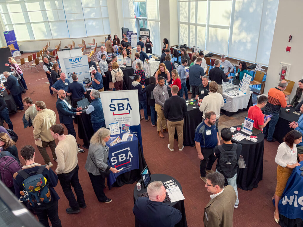 FORGE Fall Startup Showcase overhead view at Dassault Systemes in Waltham. Startups, manufacturers, and supply chain members
